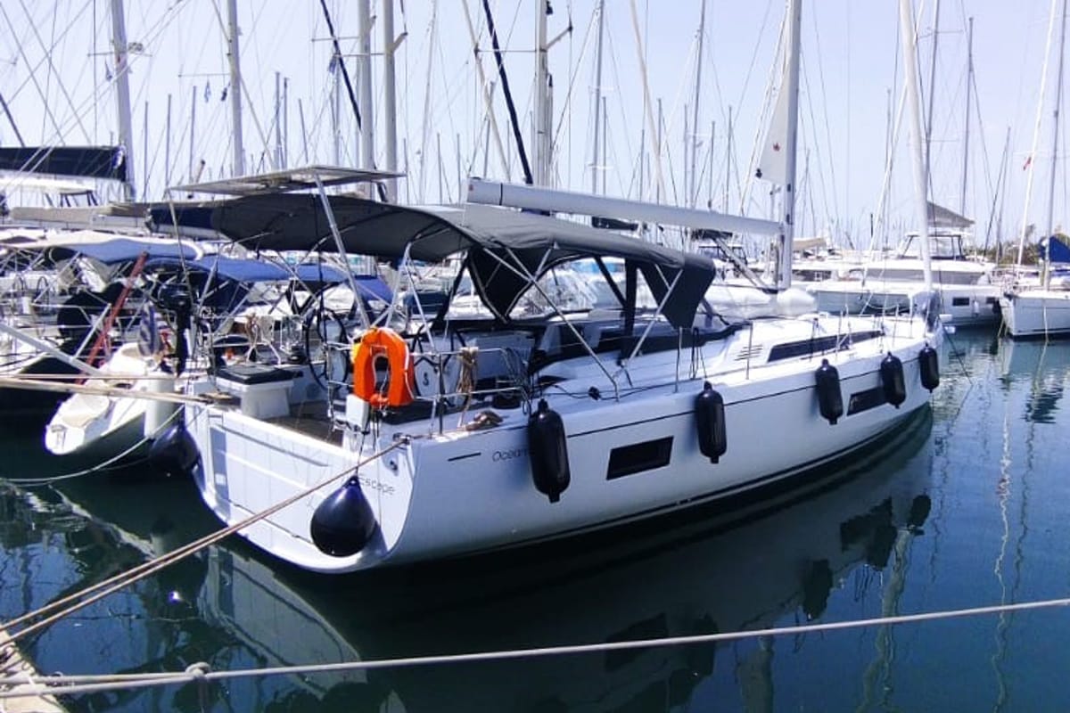 Exterior view of Escape, a Beneteau Oceanis 51.1 sailboat at Athens, Greece