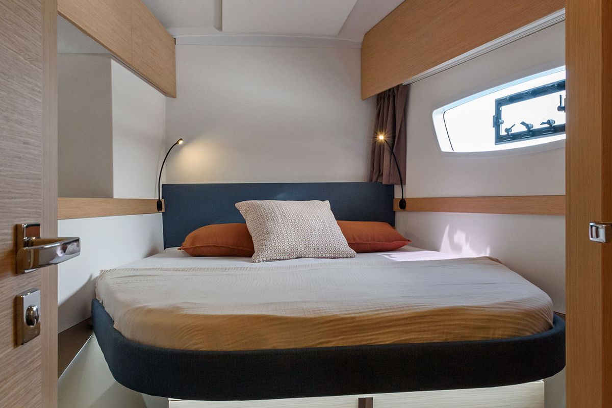 Cabin on Agitation, a Fountaine Pajot Astrea 42 catamaran at Cannigione, Italy