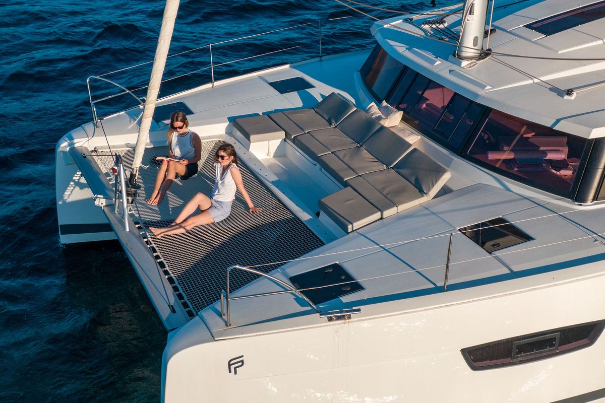 Deck of Agitation, a Fountaine Pajot Astrea 42 catamaran at Cannigione, Italy