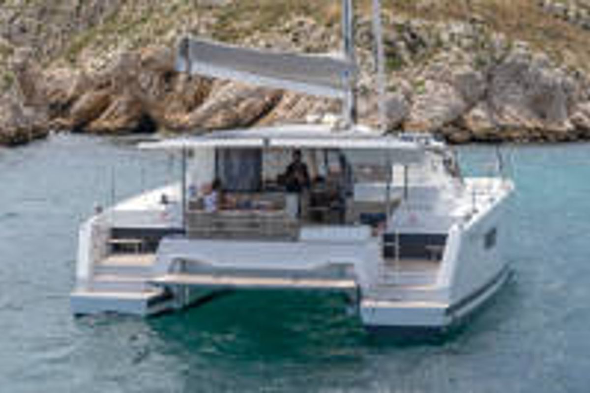 Exterior view of Agitation, a Fountaine Pajot Astrea 42 catamaran at Cannigione, Italy