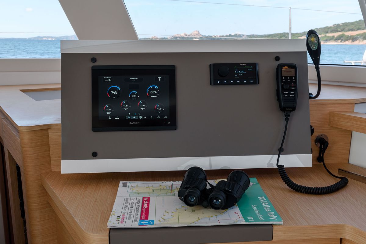 Cockpit of Agitation, a Fountaine Pajot Astrea 42 catamaran at Cannigione, Italy