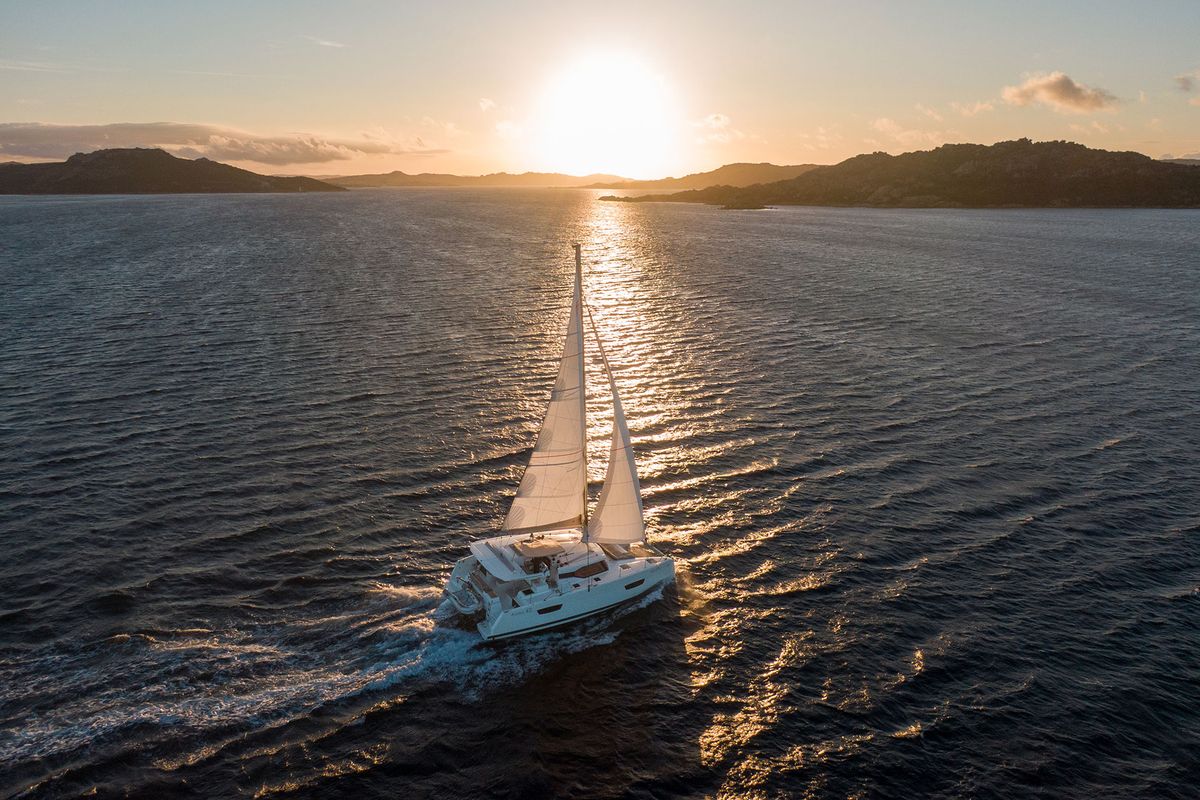 Exterior view of Agitation, a Fountaine Pajot Astrea 42 catamaran at Cannigione, Italy