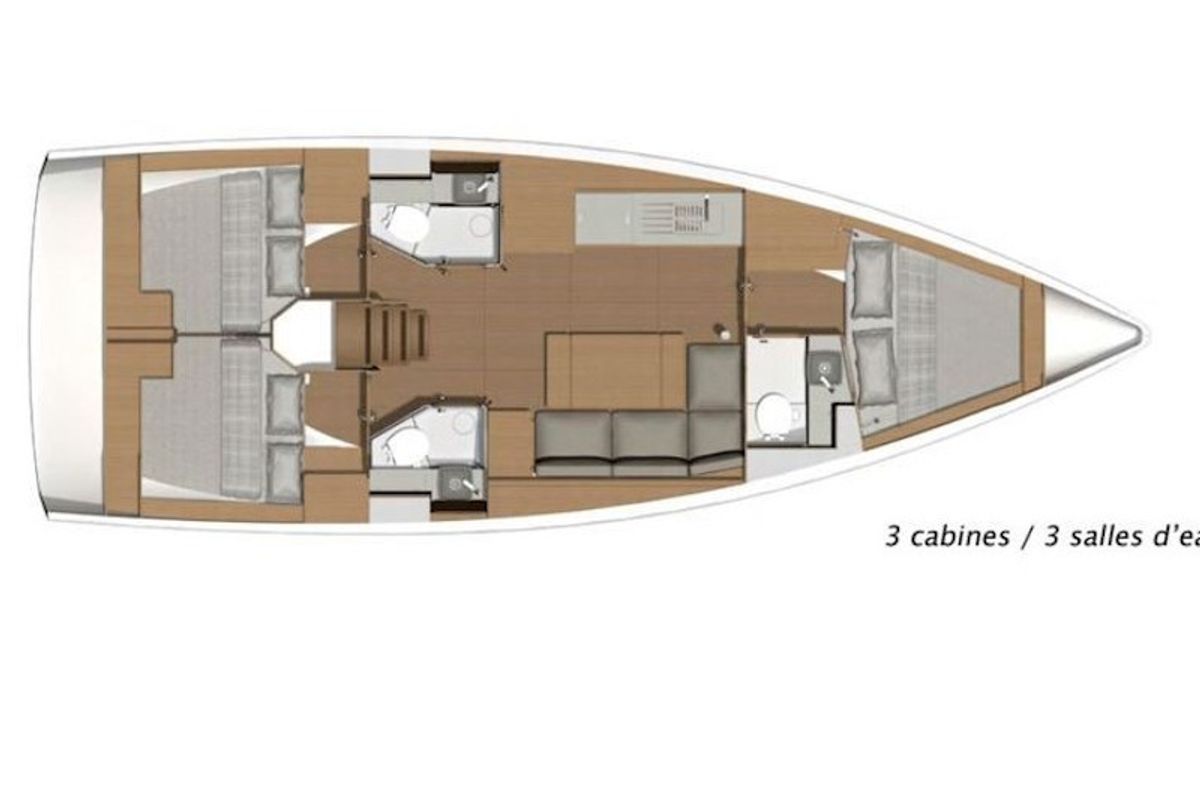 Floor plan of Friend Planet, a Dufour 390 Grand Large sailboat at Tonnarella, Italy