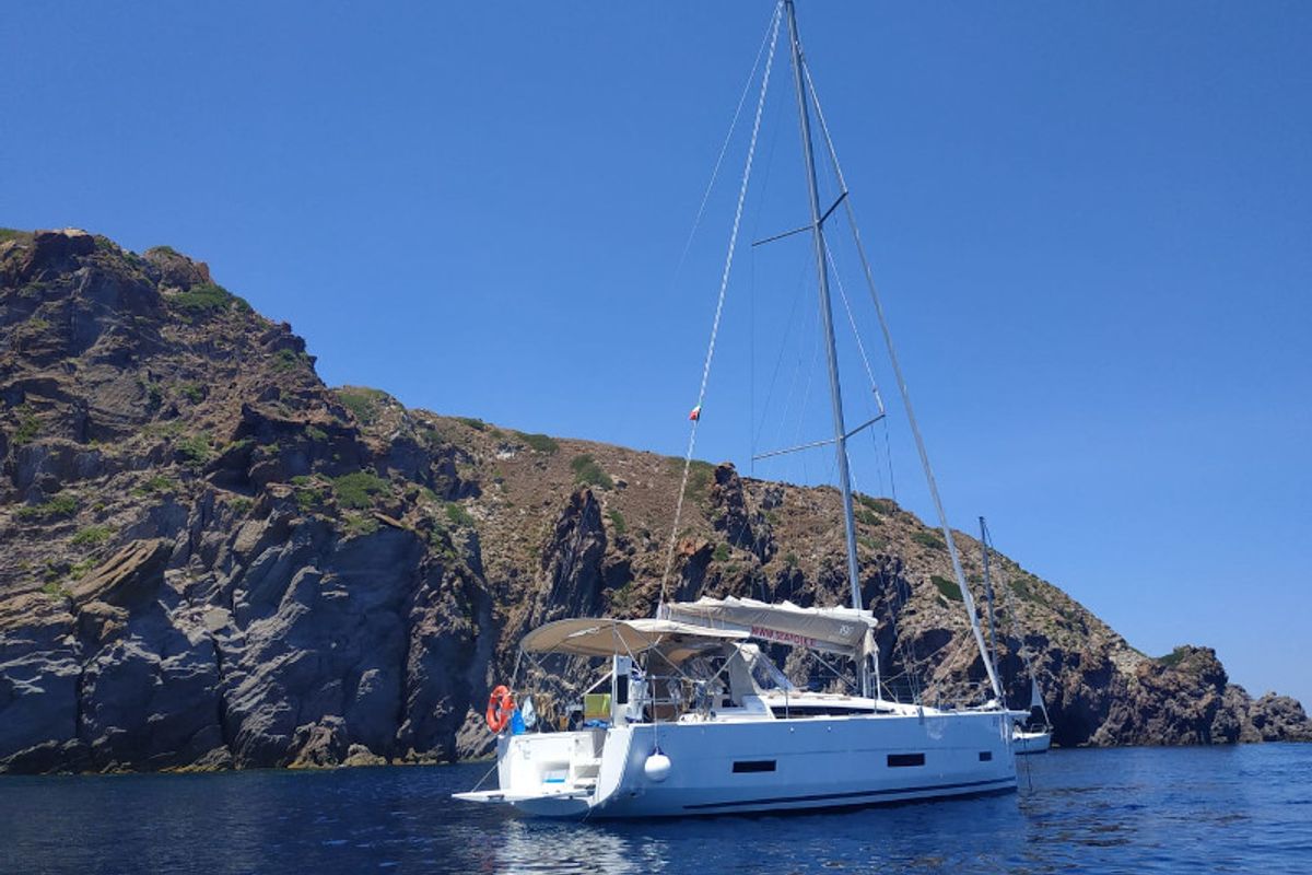 Exterior view of Friend Planet, a Dufour 390 Grand Large sailboat at Tonnarella, Italy