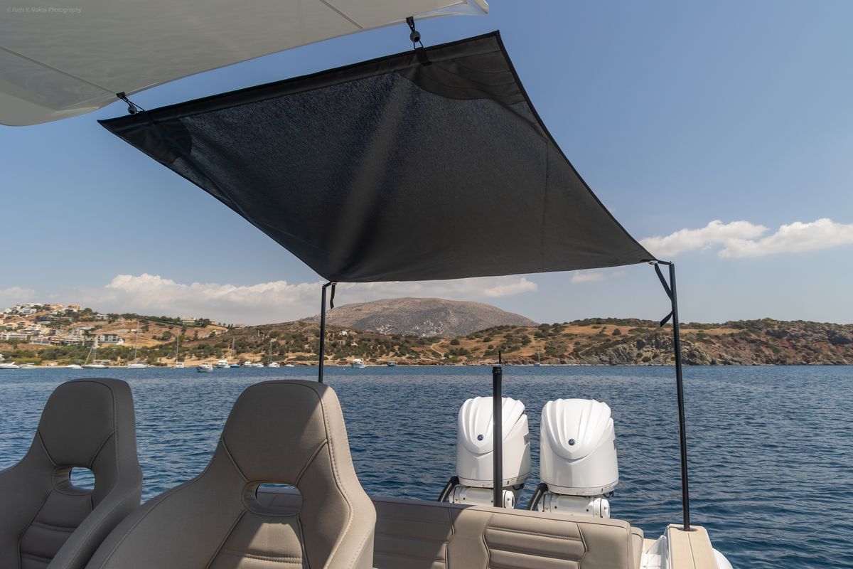 Deck of NABOO, a Gulet Rock Marine 36 motorboat at Alyki, Greece