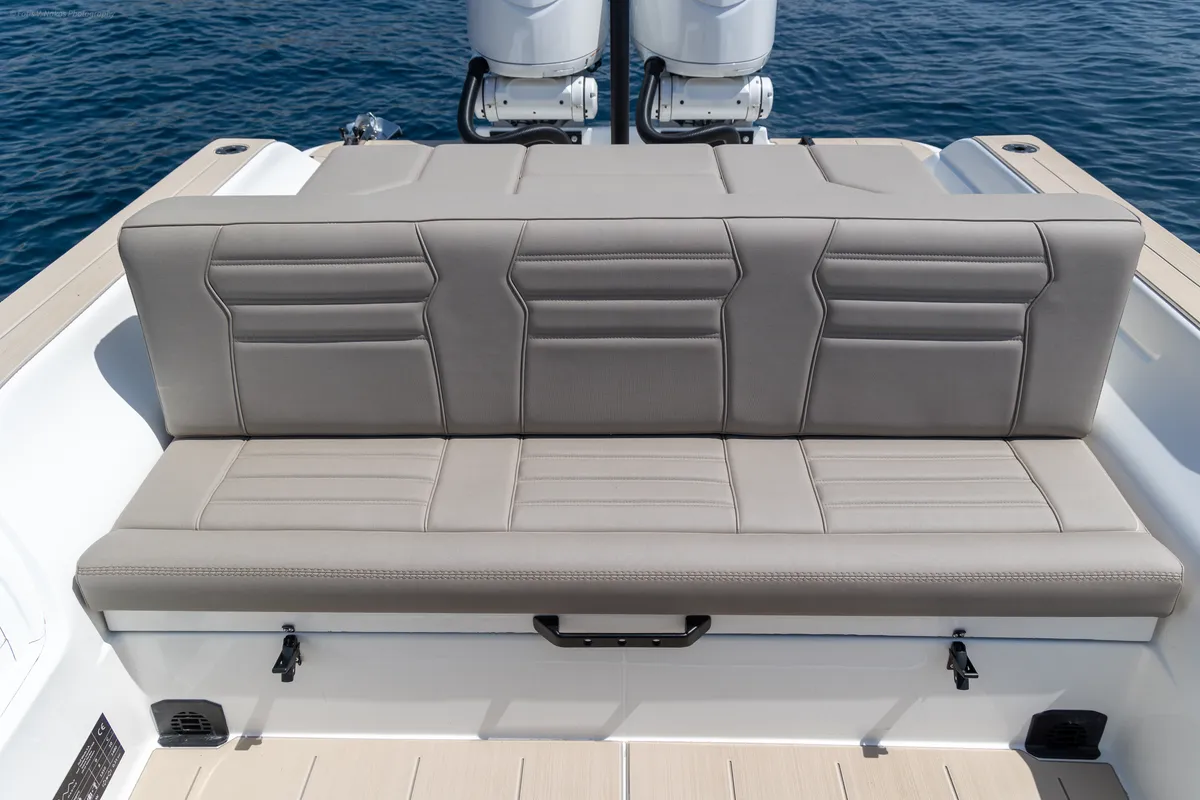 Deck of NABOO, a Gulet Rock Marine 36 motorboat at Alyki, Greece