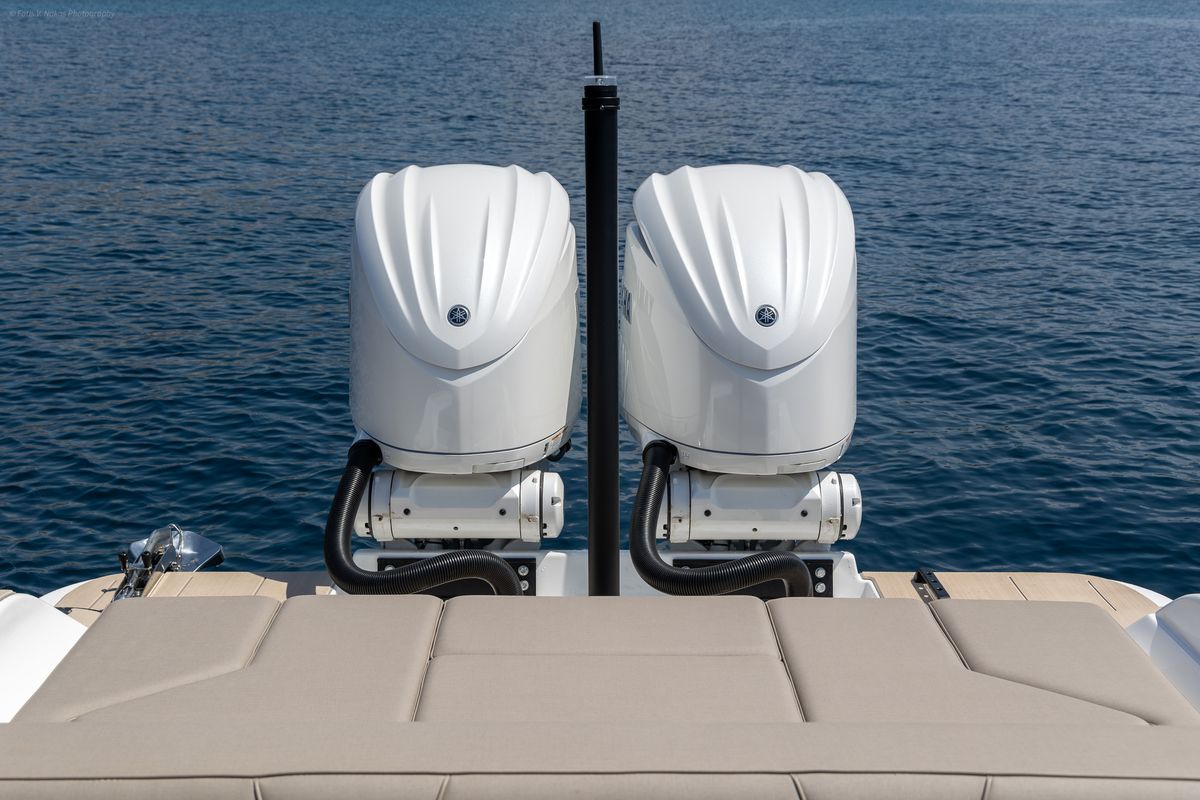 Deck of NABOO, a Gulet Rock Marine 36 motorboat at Alyki, Greece
