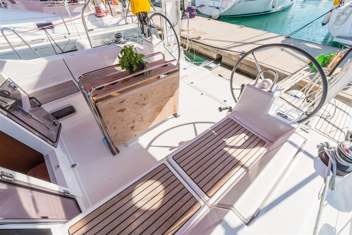 Cockpit of Sparkling, a Beneteau Oceanis 41.1 sailboat at Split, Croatia