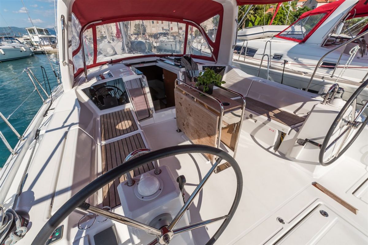 Cockpit of Sparkling, a Beneteau Oceanis 41.1 sailboat at Split, Croatia