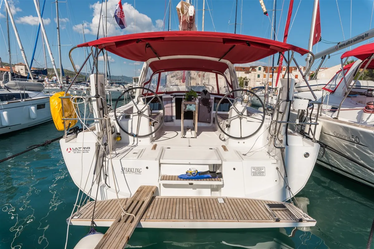 Cockpit of Sparkling, a Beneteau Oceanis 41.1 sailboat at Split, Croatia