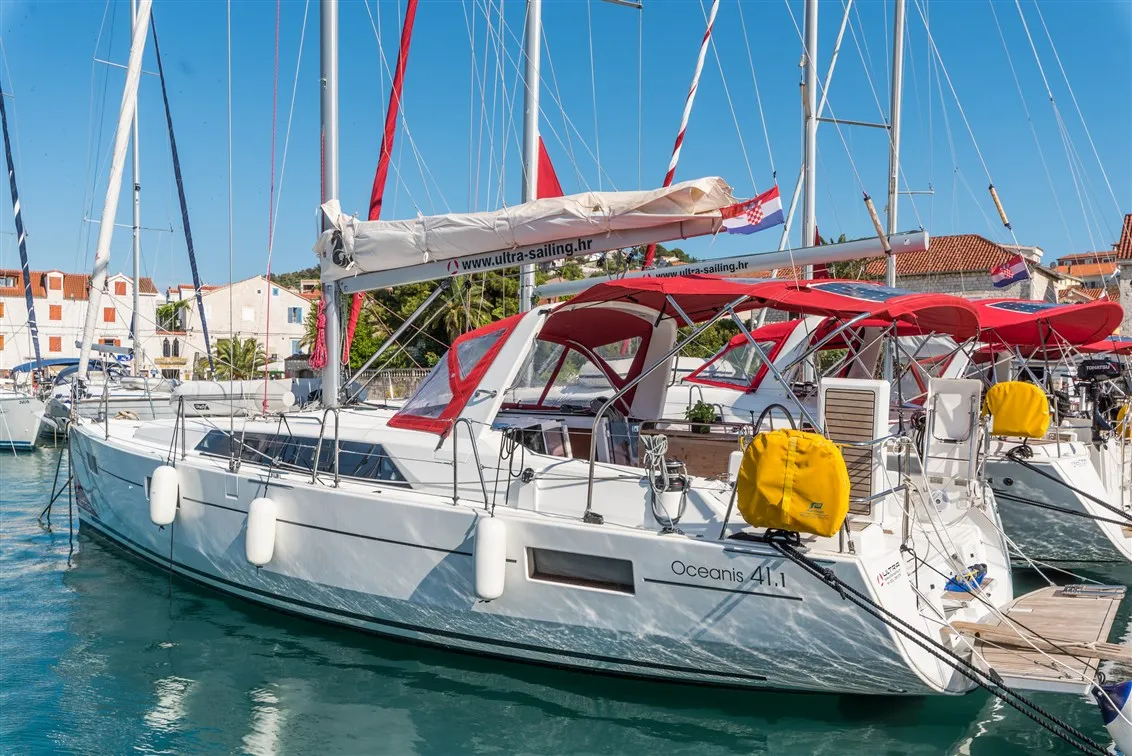 Exterior view of Sparkling, a Beneteau Oceanis 41.1 sailboat at Split, Croatia