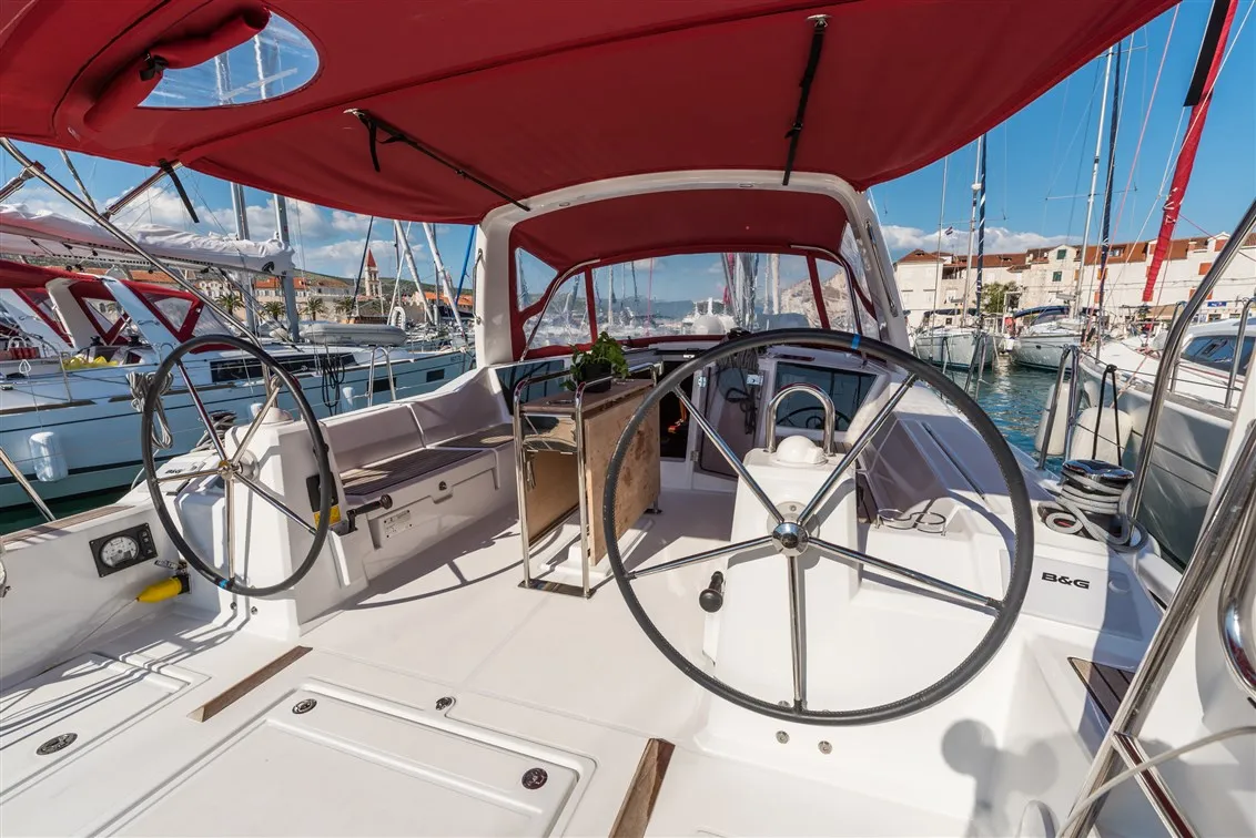 Cockpit of Sparkling, a Beneteau Oceanis 41.1 sailboat at Split, Croatia