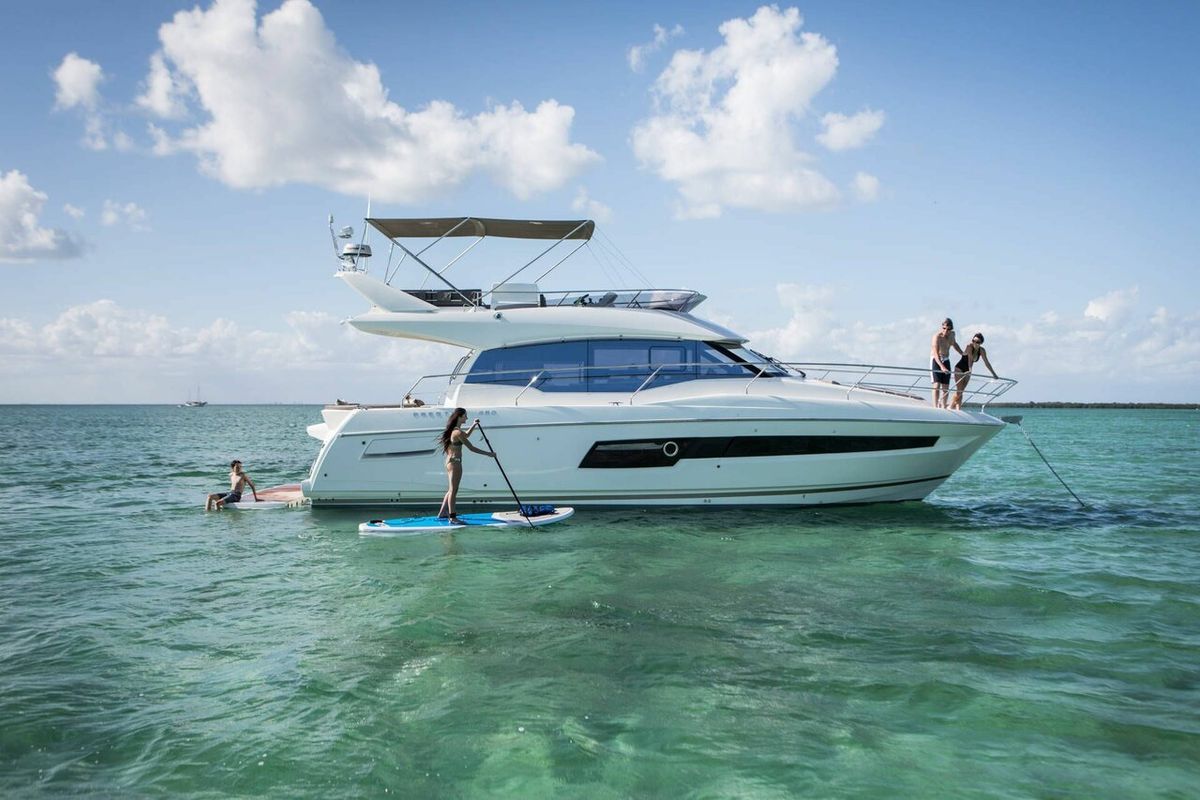 Exterior view of Prestige 460, a Jeanneau Prestige 460 Fly yacht at Grad Pula, Croatia