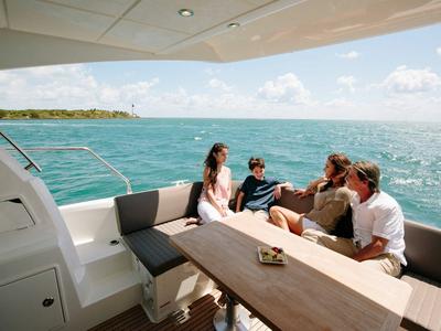 Deck of Prestige 460, a Jeanneau Prestige 460 Fly yacht at Grad Pula, Croatia