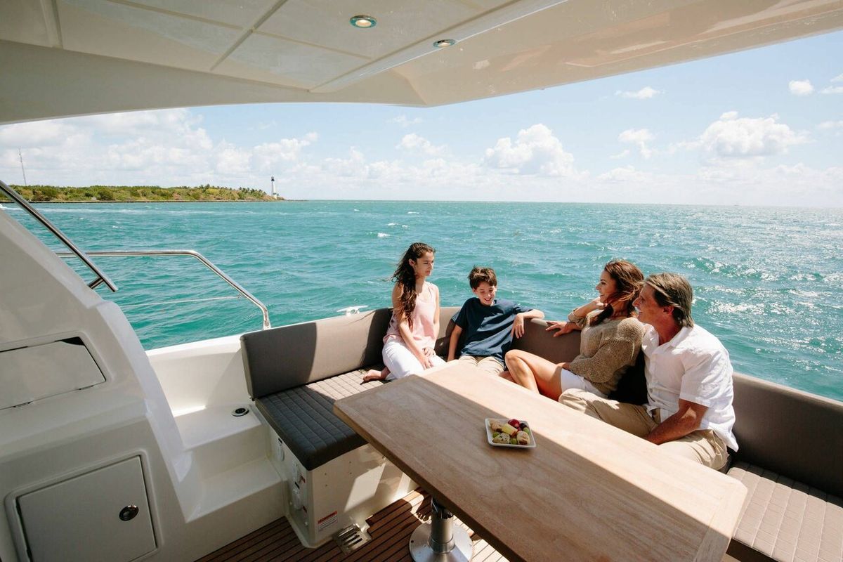 Deck of Prestige 460, a Jeanneau Prestige 460 Fly yacht at Grad Pula, Croatia