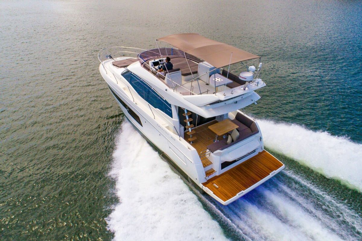 Exterior view of Prestige 460, a Jeanneau Prestige 460 Fly yacht at Grad Pula, Croatia