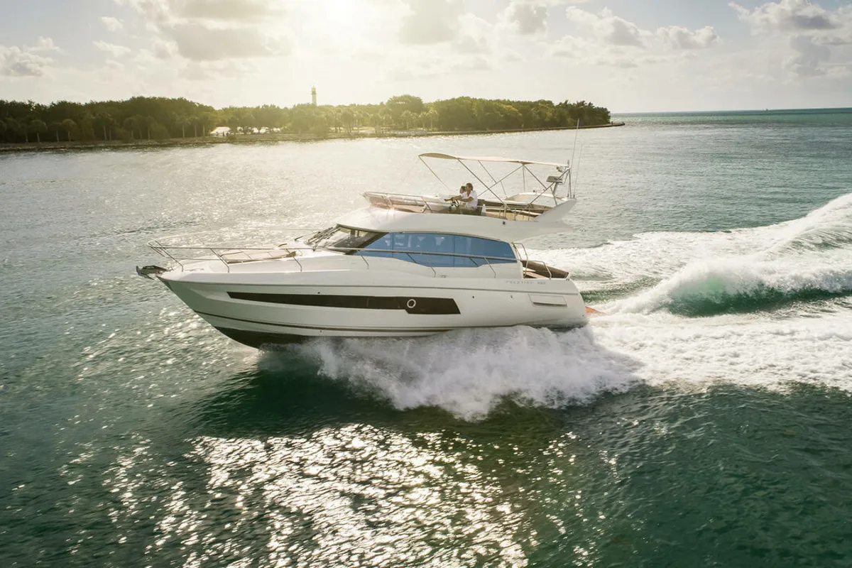 Exterior view of Prestige 460, a Jeanneau Prestige 460 Fly yacht at Grad Pula, Croatia