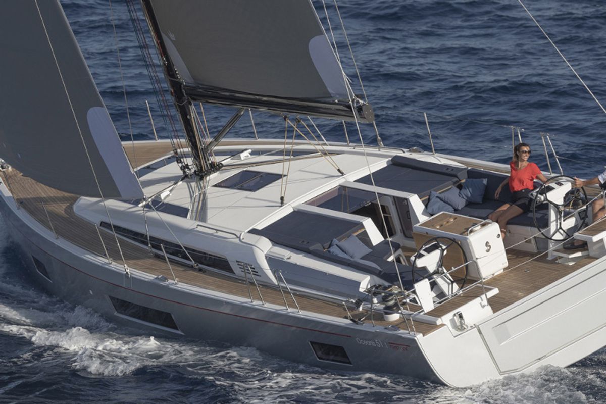 Deck of Mythodea, a Beneteau Oceanis 51.1 sailboat at Athens, Greece