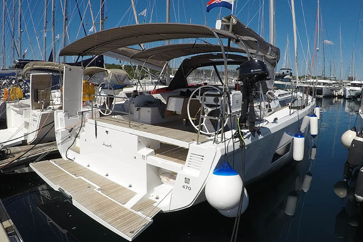 Exterior view of Avanti, a Dufour 470 sailboat at Grad Šibenik, Croatia