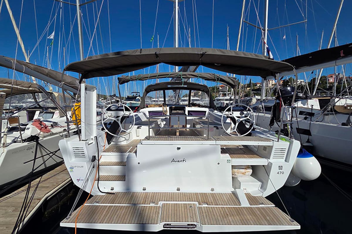 Exterior view of Avanti, a Dufour 470 sailboat at Grad Šibenik, Croatia