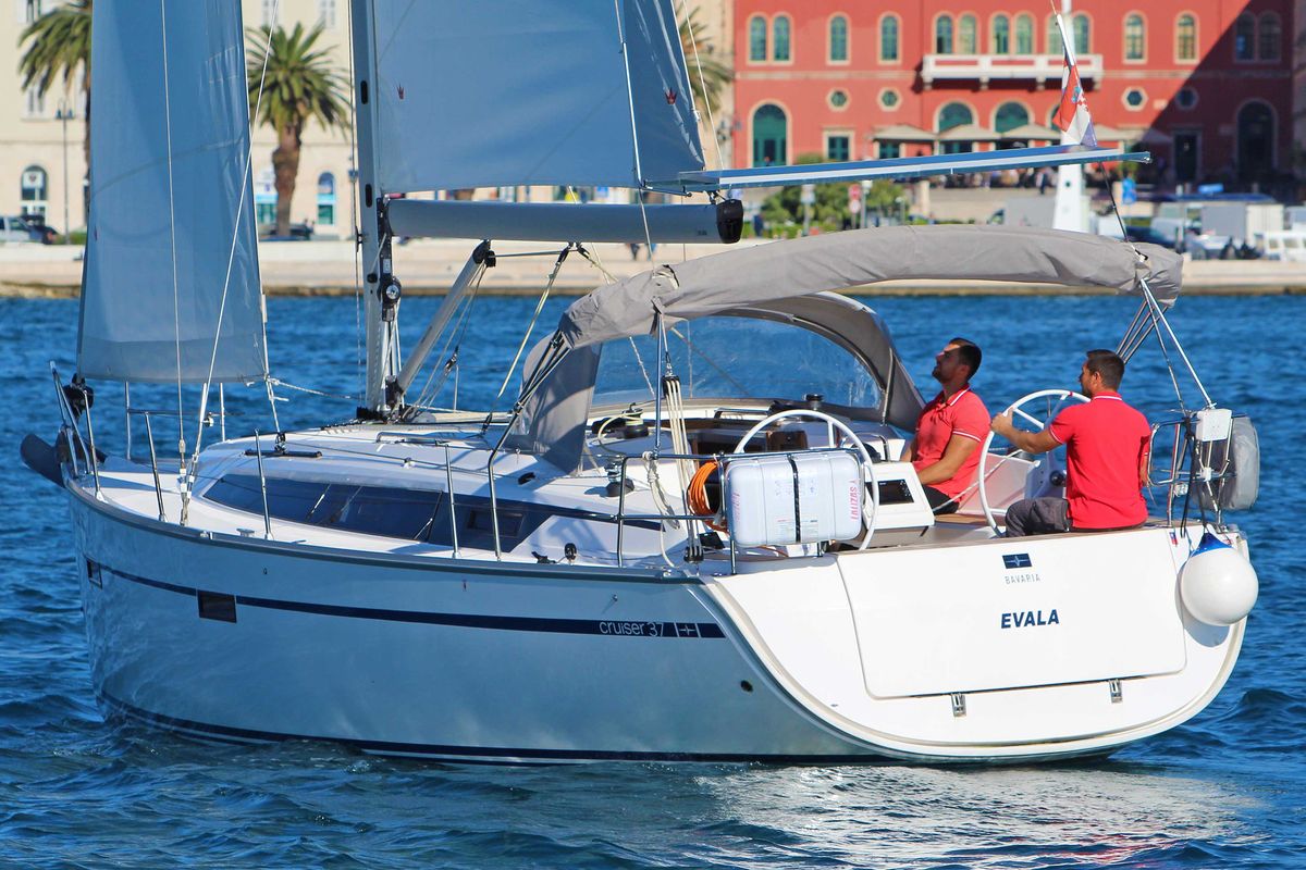 Exterior view of Evala, a Bavaria Cruiser 37 sailboat at Split, Croatia