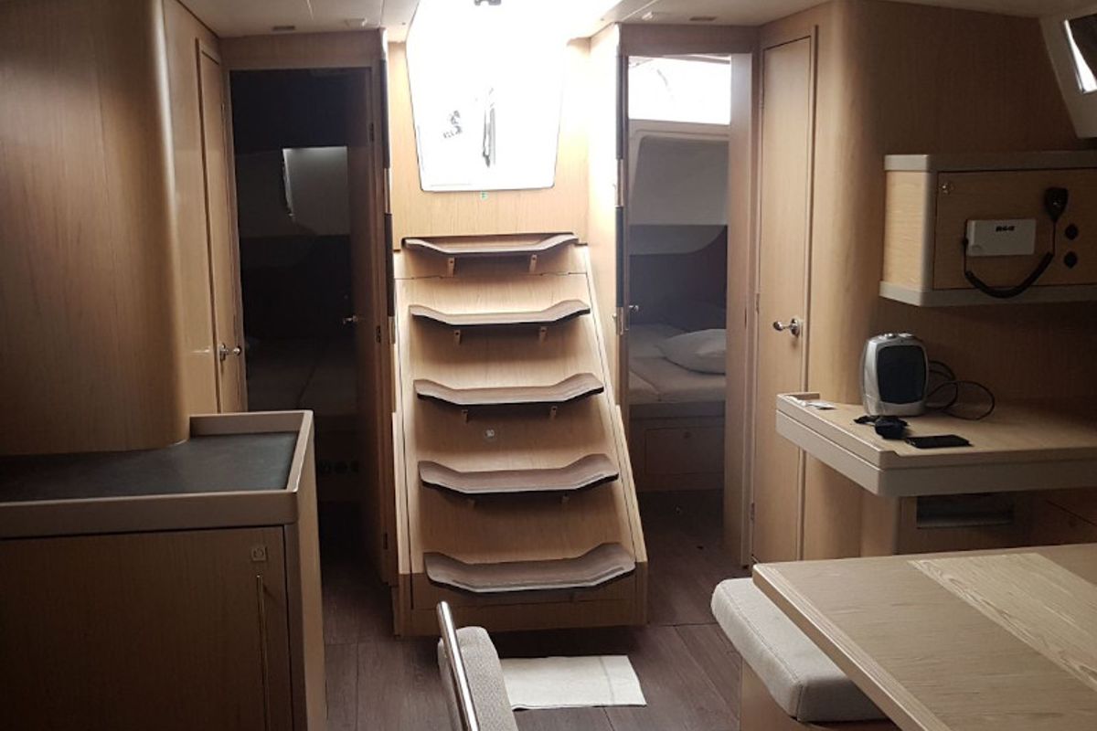 Salon of Orchidea, a Beneteau Oceanis 48 sailboat at Puntone di Scarlino, Italy