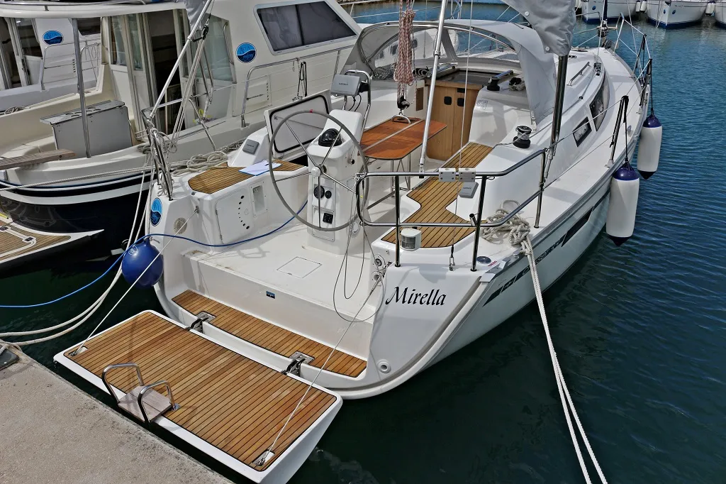Deck of Mirella, a Bavaria Cruiser 33 sailboat at Općina Sukošan, Croatia