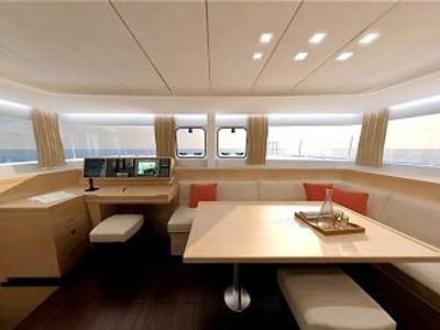 Salon of Maja, a Lagoon 450 Fly catamaran at Grimaud, France