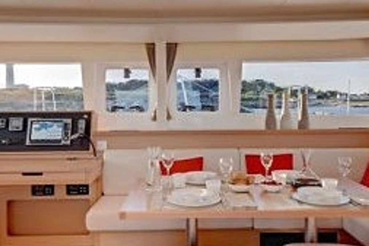 Salon of Maja, a Lagoon 450 Fly catamaran at Grimaud, France