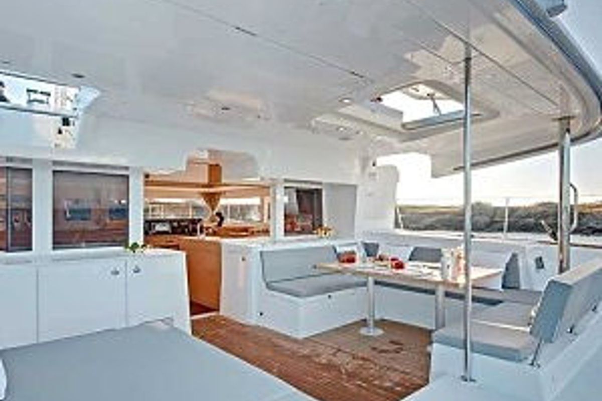 Deck of Maja, a Lagoon 450 Fly catamaran at Grimaud, France