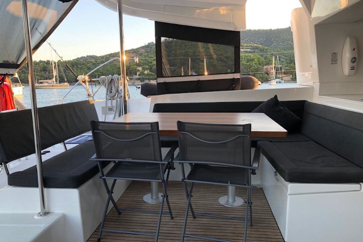 Deck of Oceana, a Lagoon 450 Fly catamaran at Athens, Greece