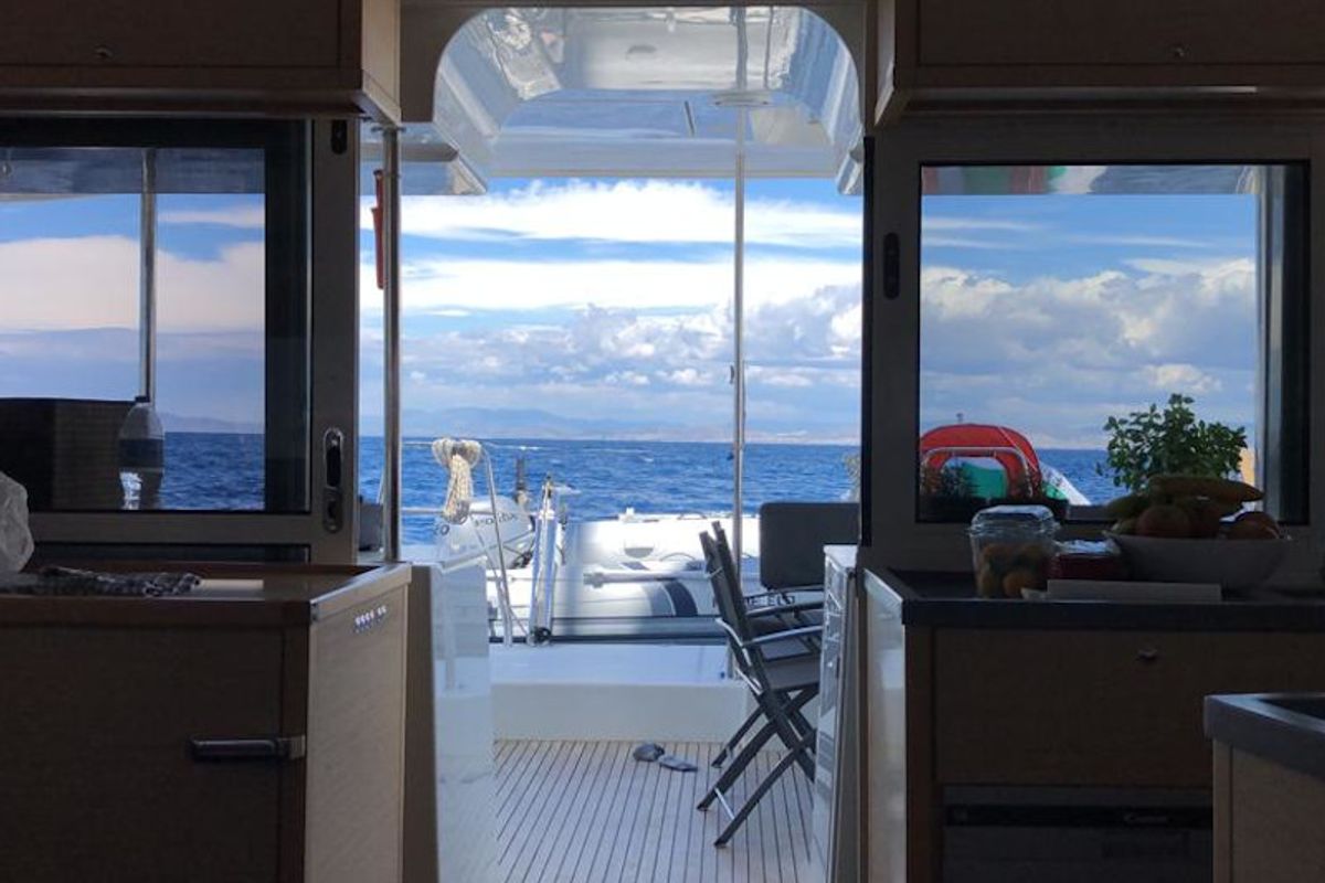 Salon of Oceana, a Lagoon 450 Fly catamaran at Athens, Greece