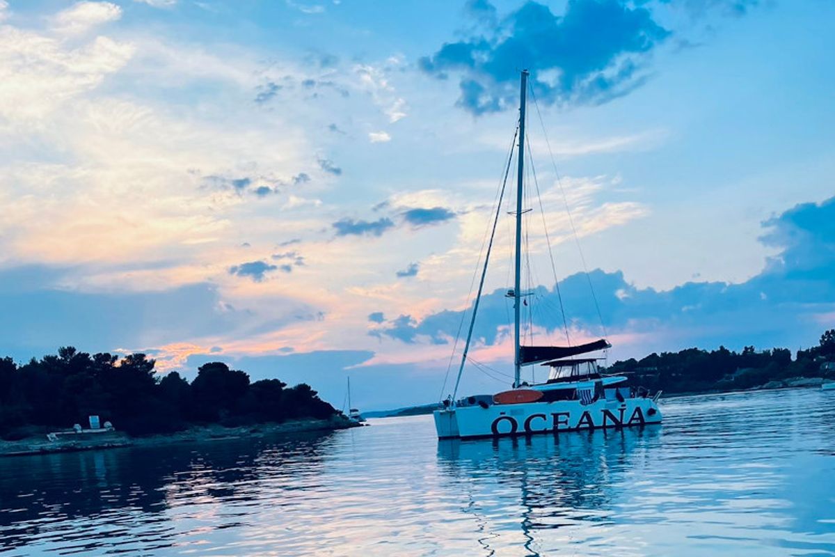 Exterior view of Oceana, a Lagoon 450 Fly catamaran at Athens, Greece