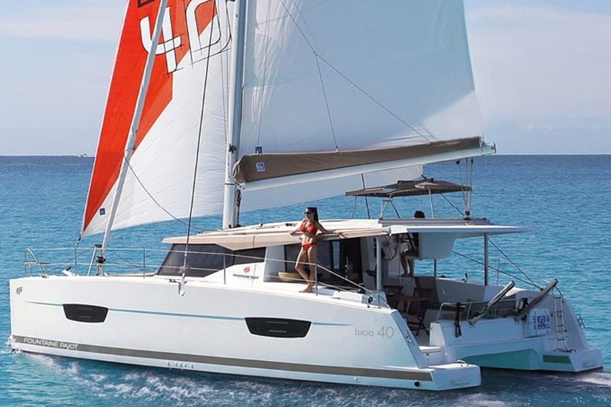Exterior view of Joy, a Fountaine Pajot Lucia 40 catamaran at Grimaud, France