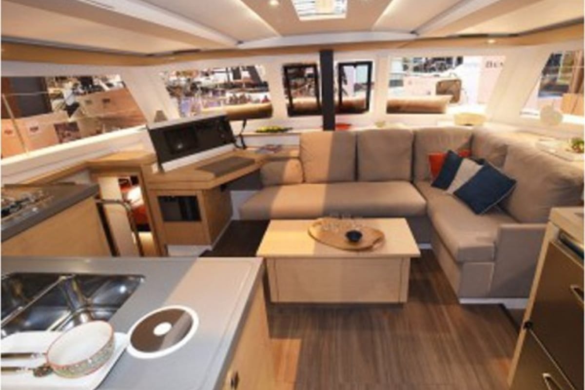 Salon of Joy, a Fountaine Pajot Lucia 40 catamaran at Grimaud, France