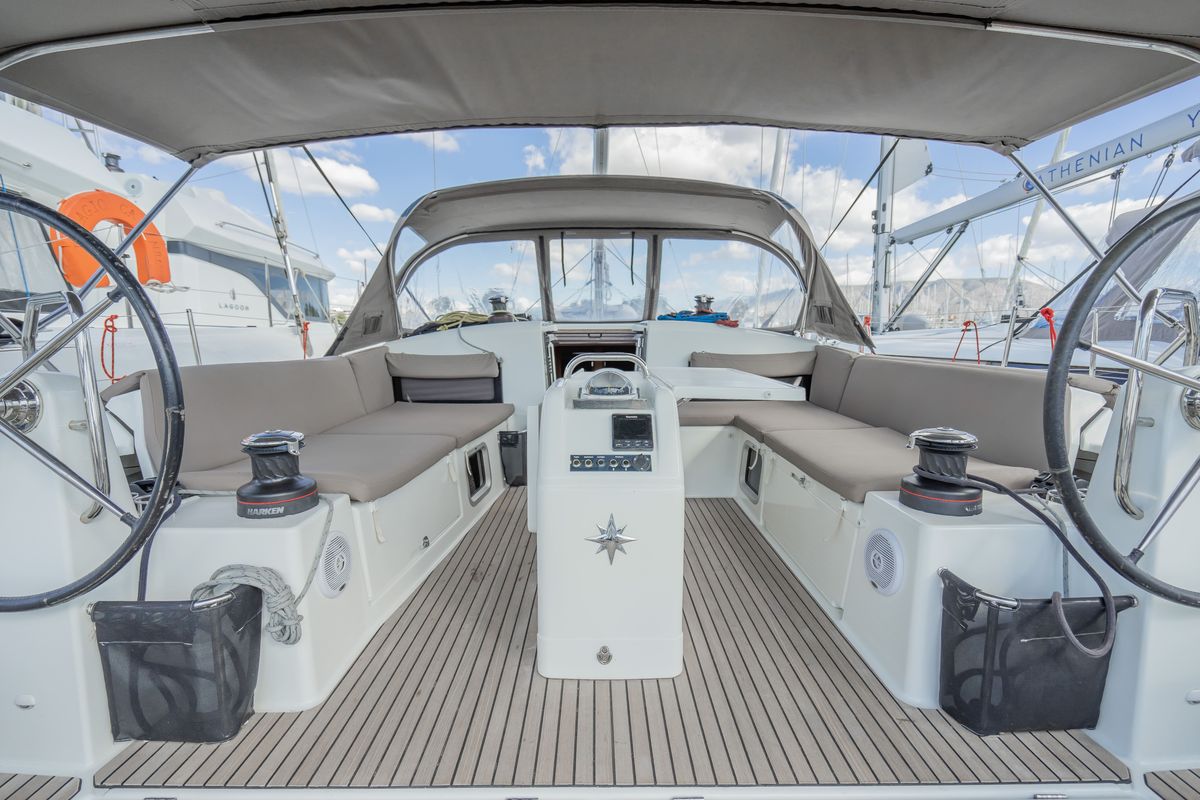 Cockpit of Sea Safari, a Jeanneau Sun Odyssey 490 sailboat at Municipal Unit of Ellomenos, Greece