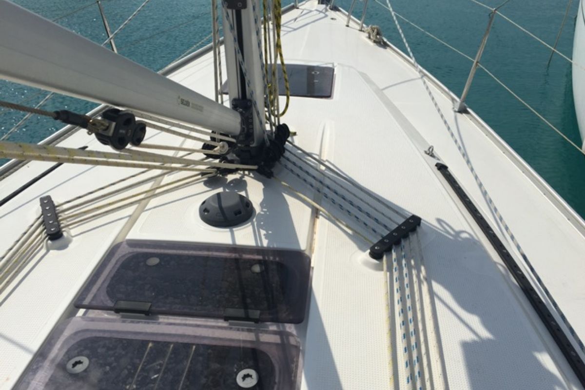 Salon of Menkar, a Bavaria Cruiser 37 sailboat at Olbia, Italy