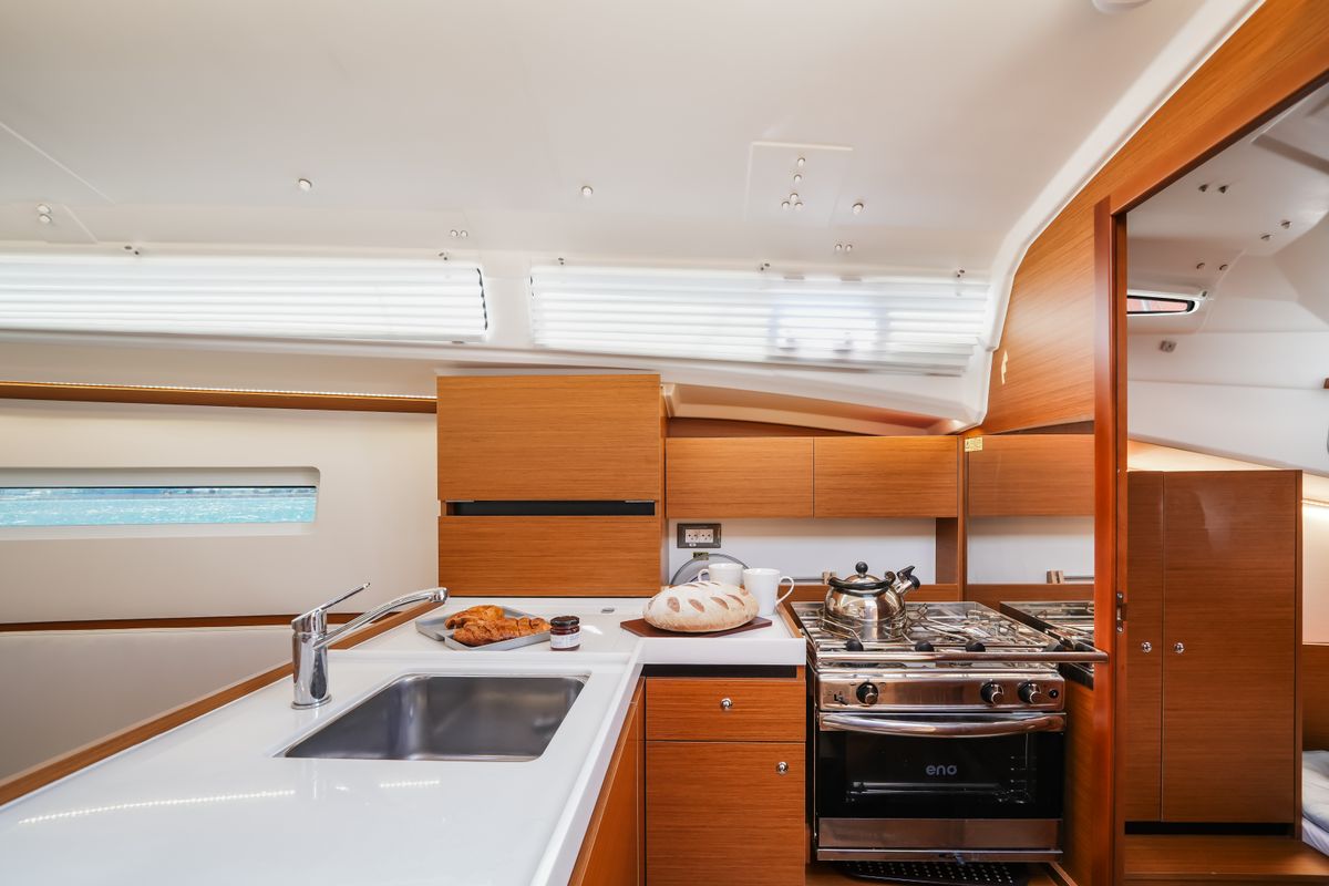 Salon of NorthWind 35, a Jeanneau Sun Odyssey 350 sailboat at Preveza, Greece
