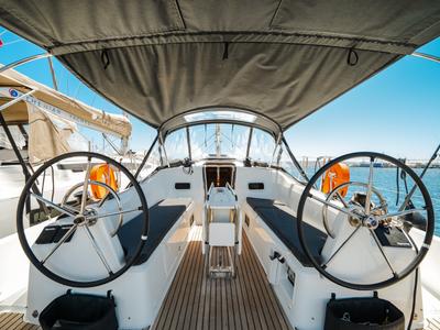 Cockpit of NorthWind 35, a Jeanneau Sun Odyssey 350 sailboat at Preveza, Greece