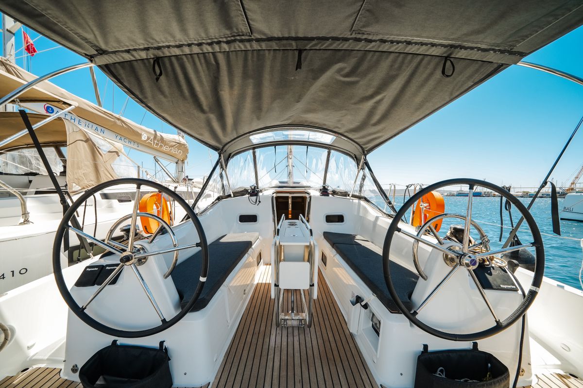 Cockpit of NorthWind 35, a Jeanneau Sun Odyssey 350 sailboat at Preveza, Greece