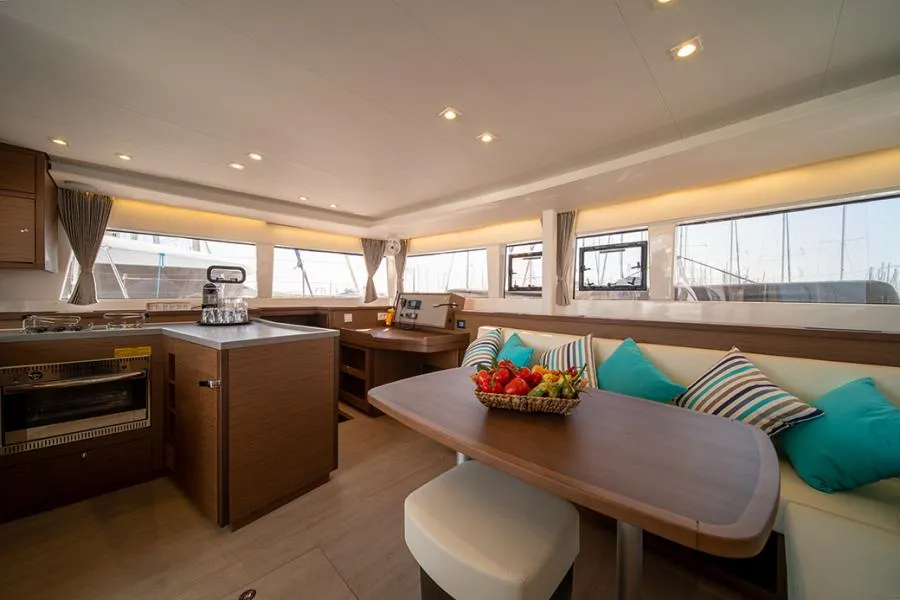 Salon of Annie, a Lagoon 450 F catamaran at Athens, Greece