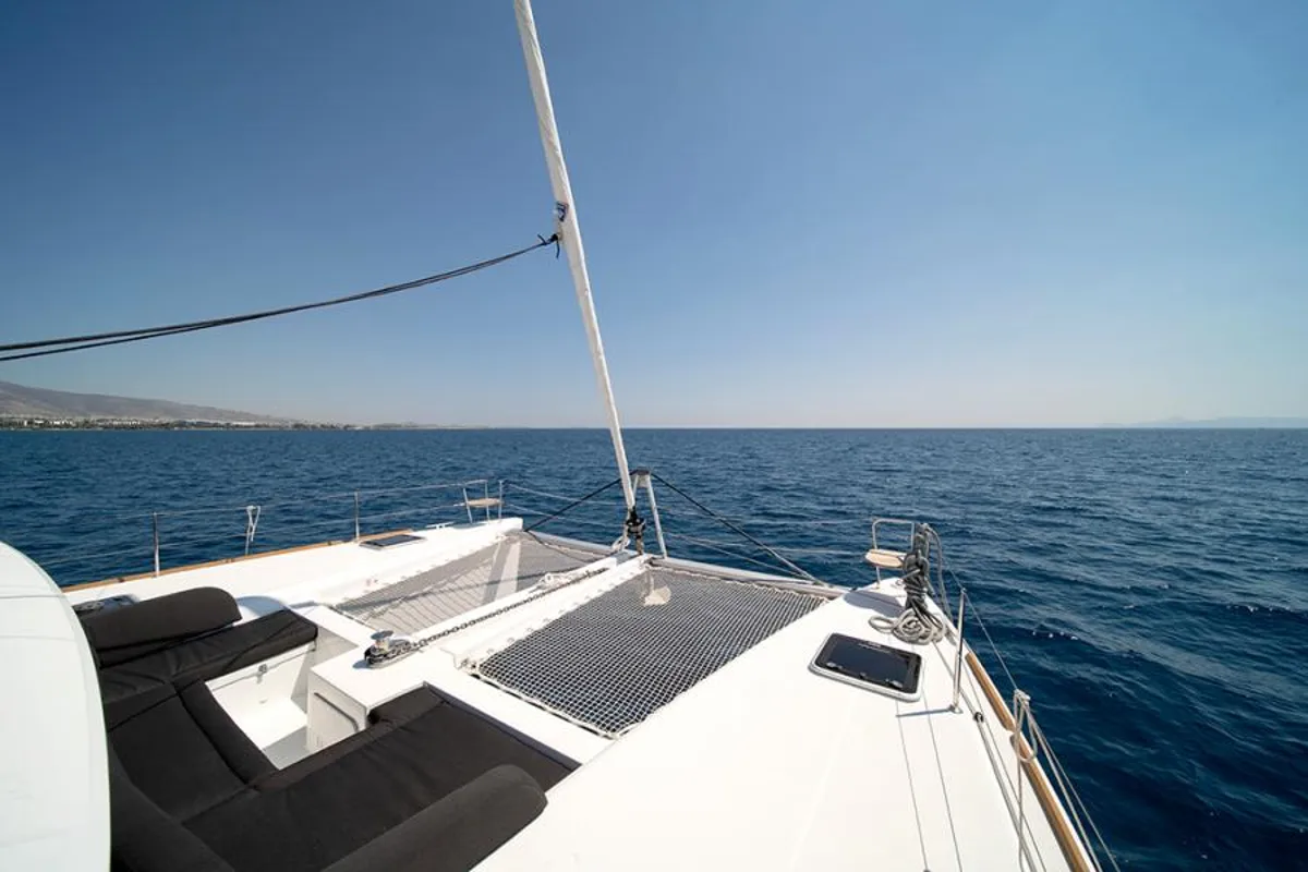 Deck of Annie, a Lagoon 450 F catamaran at Athens, Greece