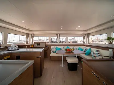 Salon of Annie, a Lagoon 450 F catamaran at Athens, Greece