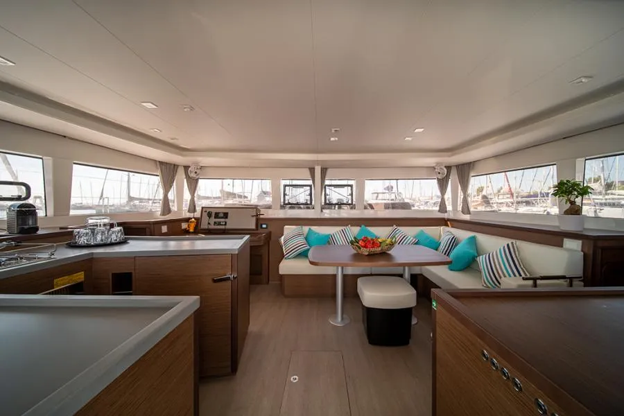 Salon of Annie, a Lagoon 450 F catamaran at Athens, Greece