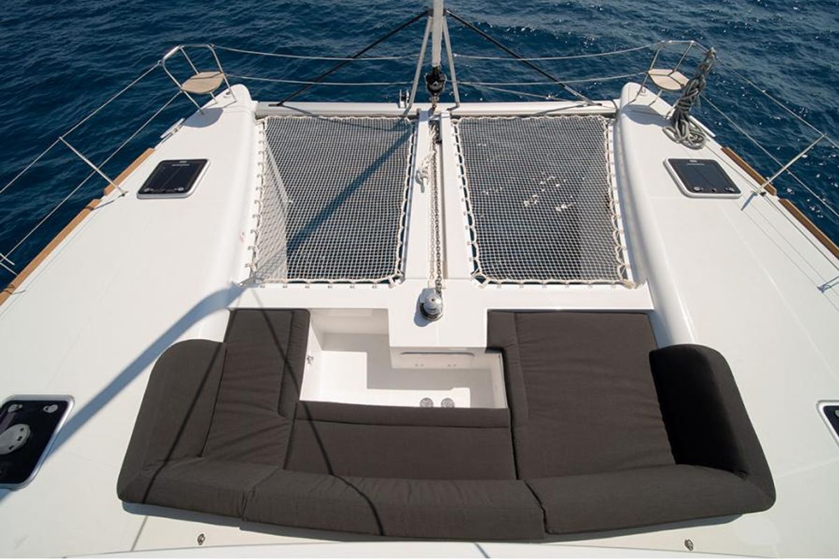Deck of Annie, a Lagoon 450 F catamaran at Athens, Greece