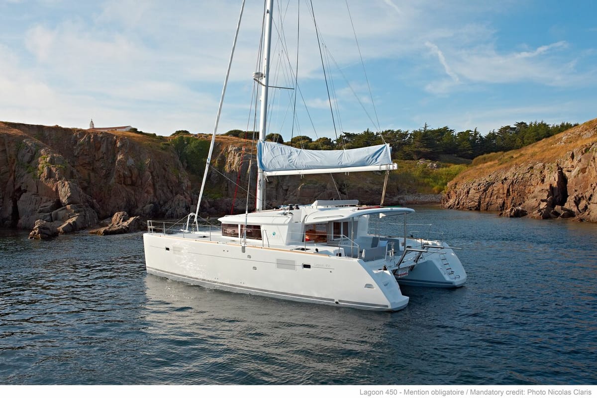Exterior view of Annie, a Lagoon 450 F catamaran at Athens, Greece