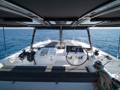 Cockpit of Annie, a Lagoon 450 F catamaran at Athens, Greece