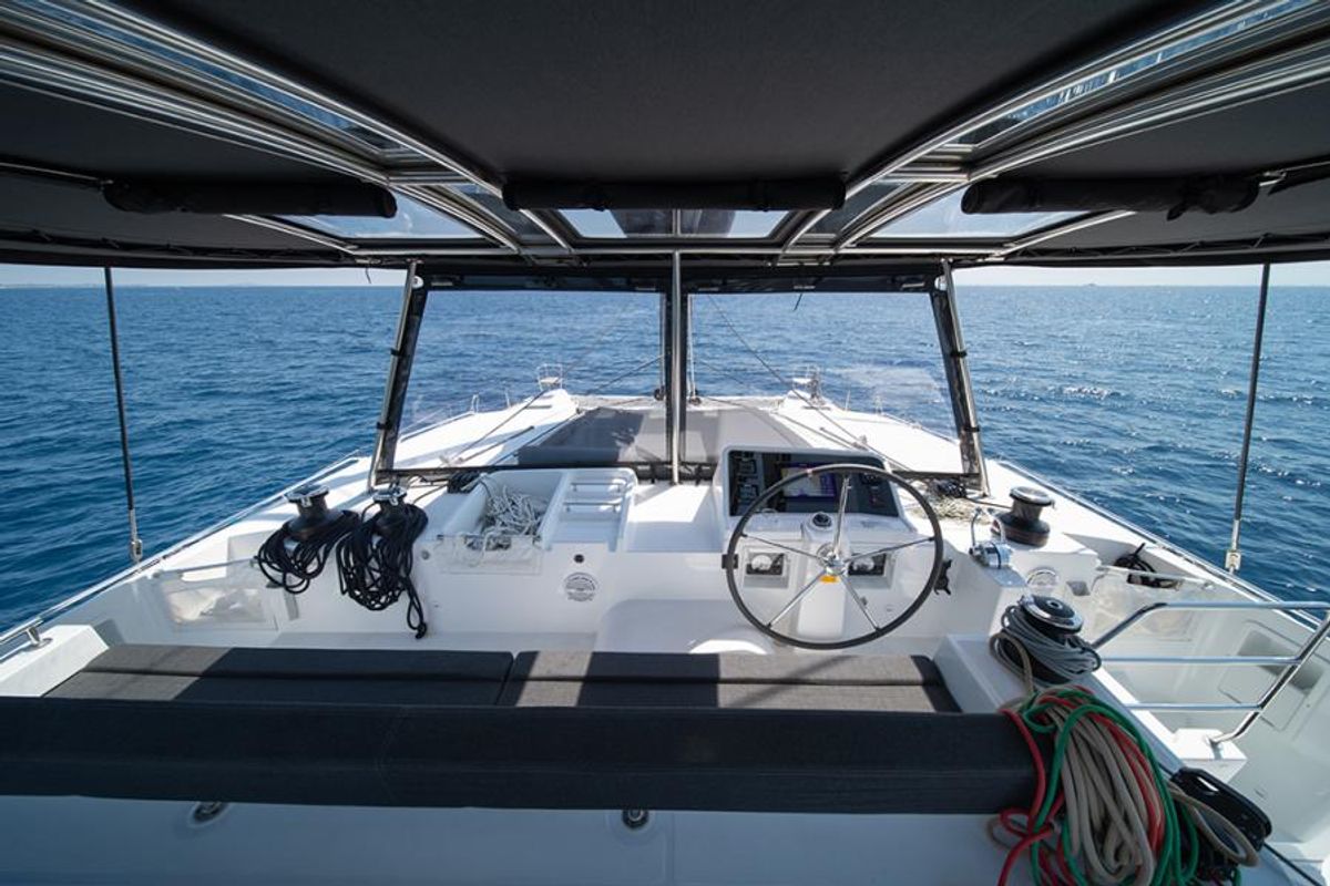 Cockpit of Annie, a Lagoon 450 F catamaran at Athens, Greece