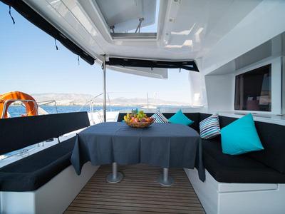 Deck of Annie, a Lagoon 450 F catamaran at Athens, Greece