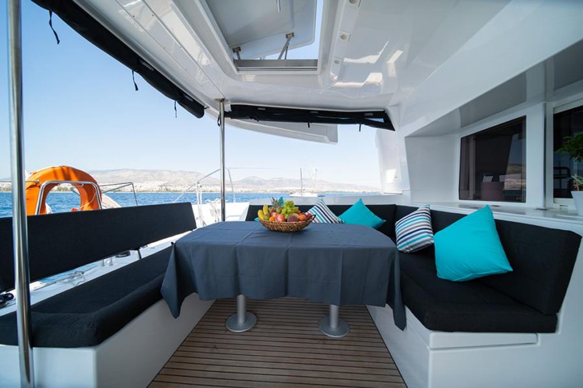 Deck of Annie, a Lagoon 450 F catamaran at Athens, Greece